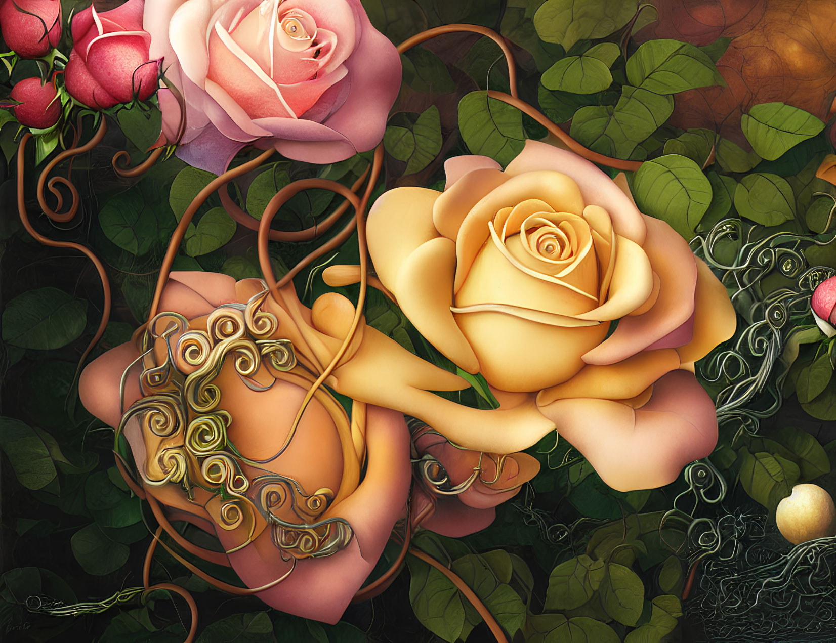 Detailed Artwork: Vibrant Pink and Peach Roses with Golden Filigree