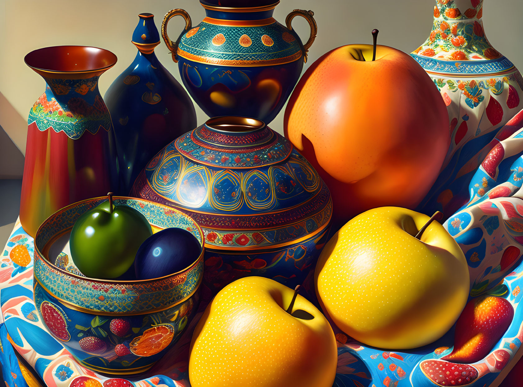 Vibrant Still Life with Ceramic Vases, Bowls, and Apples