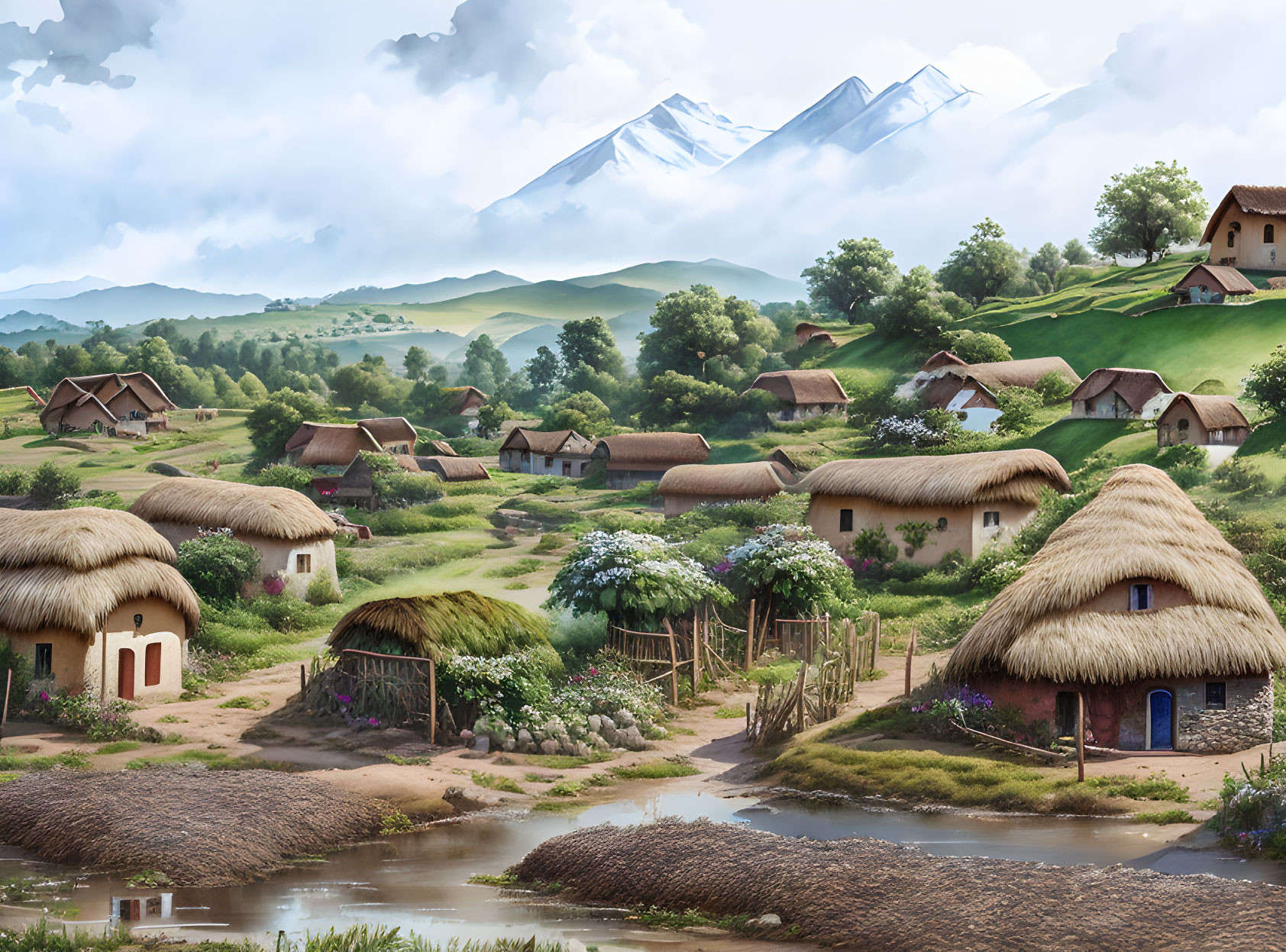 Tranquil village scene: thatched roofs, green hills, river, snow-capped mountains