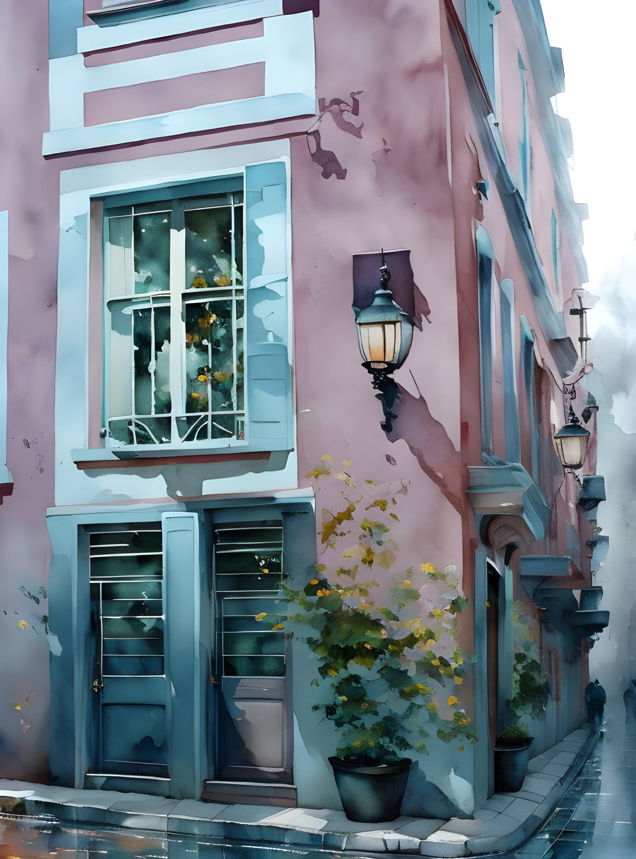 Charming watercolor: Pastel purple building, turquoise doors, flowered window