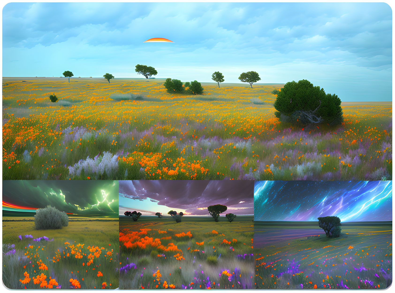 Six serene landscape scenes with wildflower-covered meadow in various weather and sky settings.