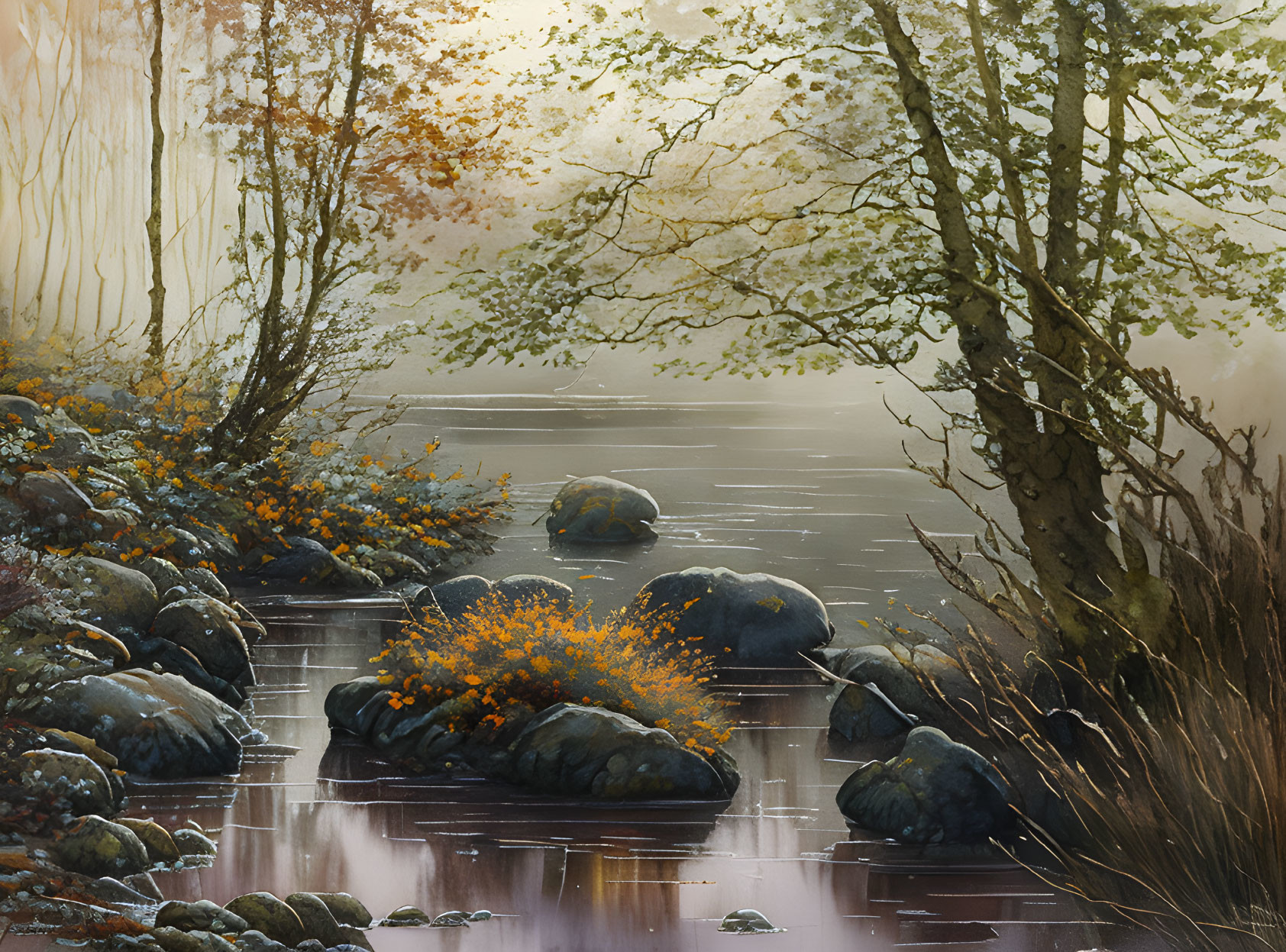 Misty river with orange foliage rocks in tranquil forest