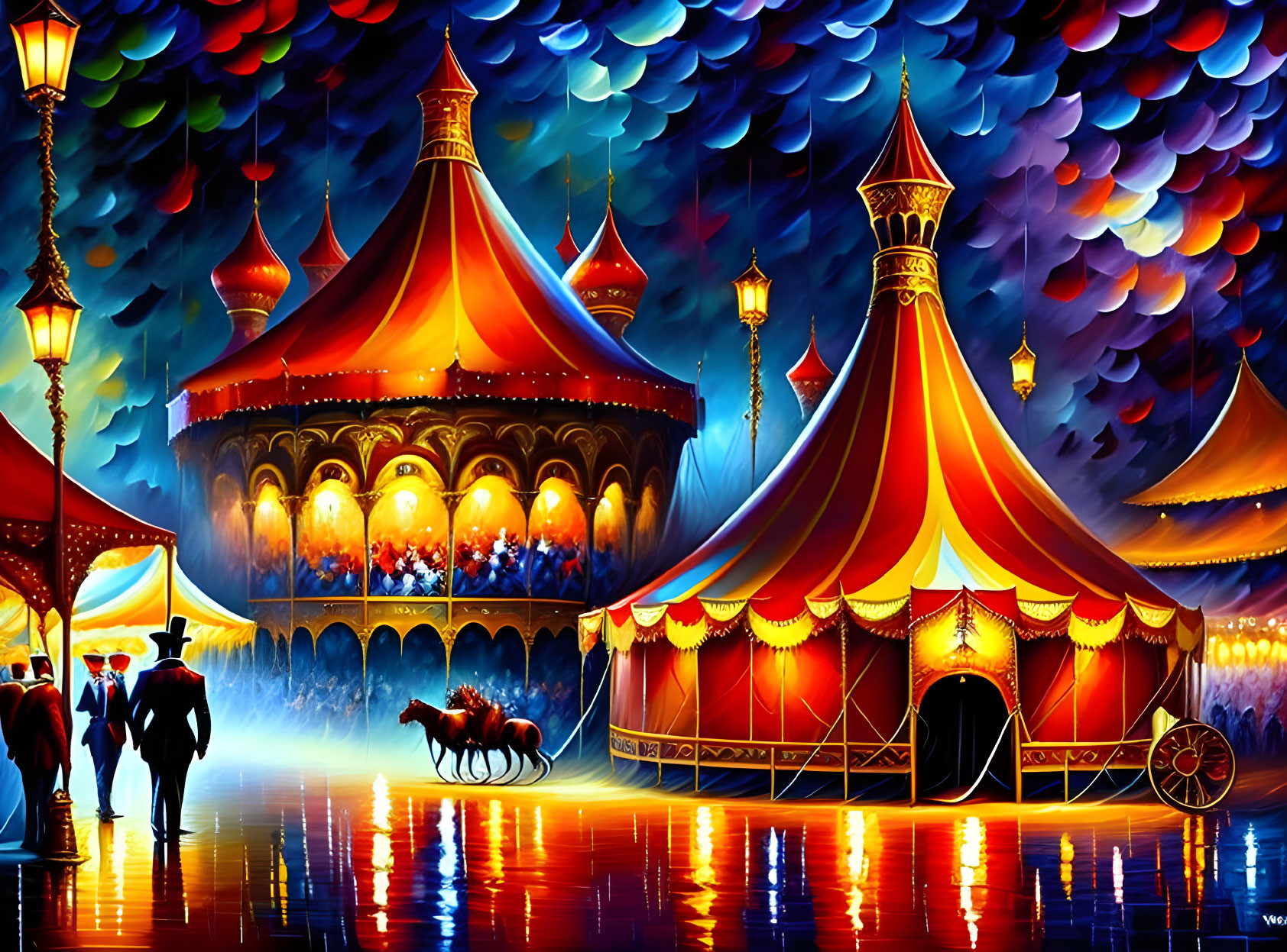 Colorful circus night painting with illuminated tents and silhouettes under vibrant sky