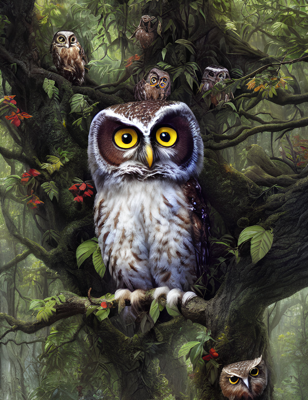 Detailed Illustration: Multiple Owls on Branches in Lush Forest