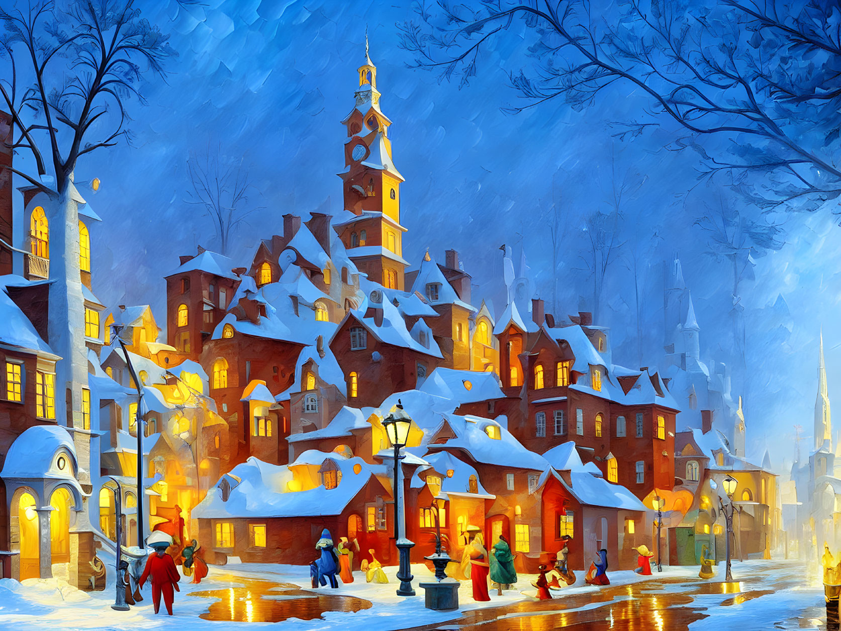 Snow-covered village scene with people, glowing lights, and clock tower at twilight