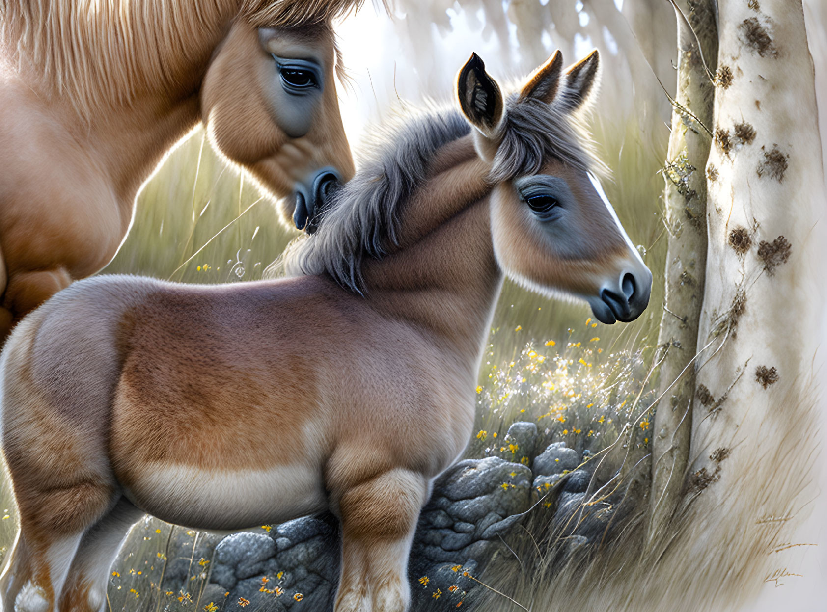 Realistic illustration of two horses in serene meadow with lush manes