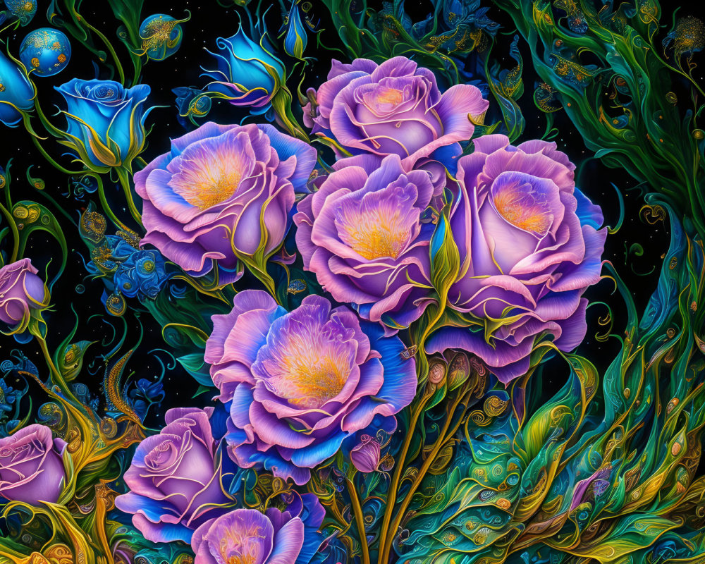 Colorful digital artwork of purple roses with gold and blue patterns on a dark floral backdrop