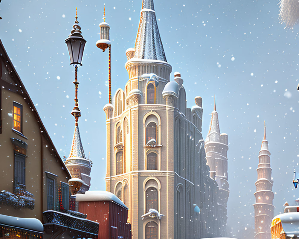 Vintage-style snowy scene with old-fashioned cars, ornate building, and street lamps.