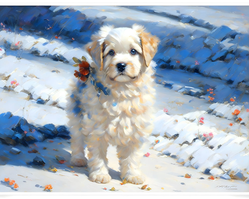 Fluffy White and Tan Puppy with Flower on Snowy Path