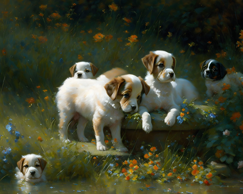 Five puppies playing on wooden plank in lush field with colorful flowers