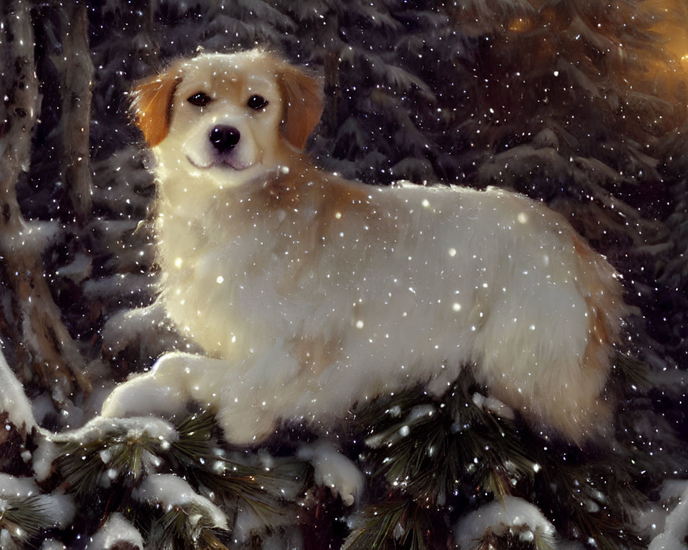 Golden retriever on snow-covered branch in wintry landscape