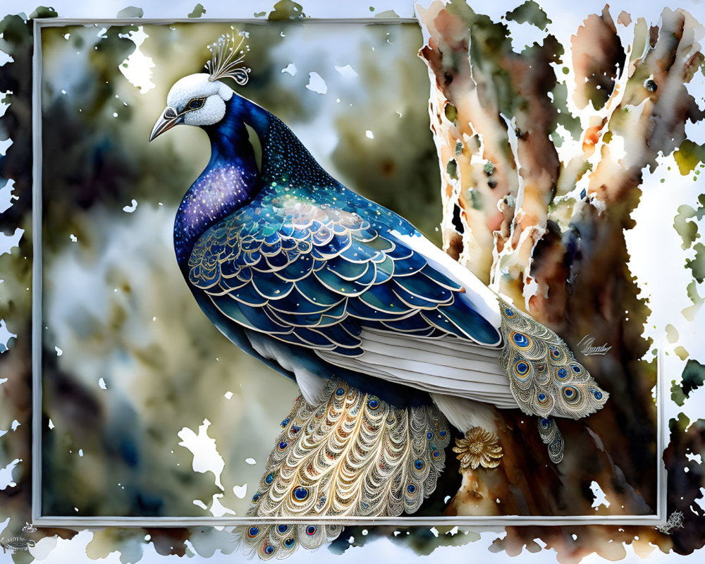 Colorful Peacock Illustration Perched on Tree Branch