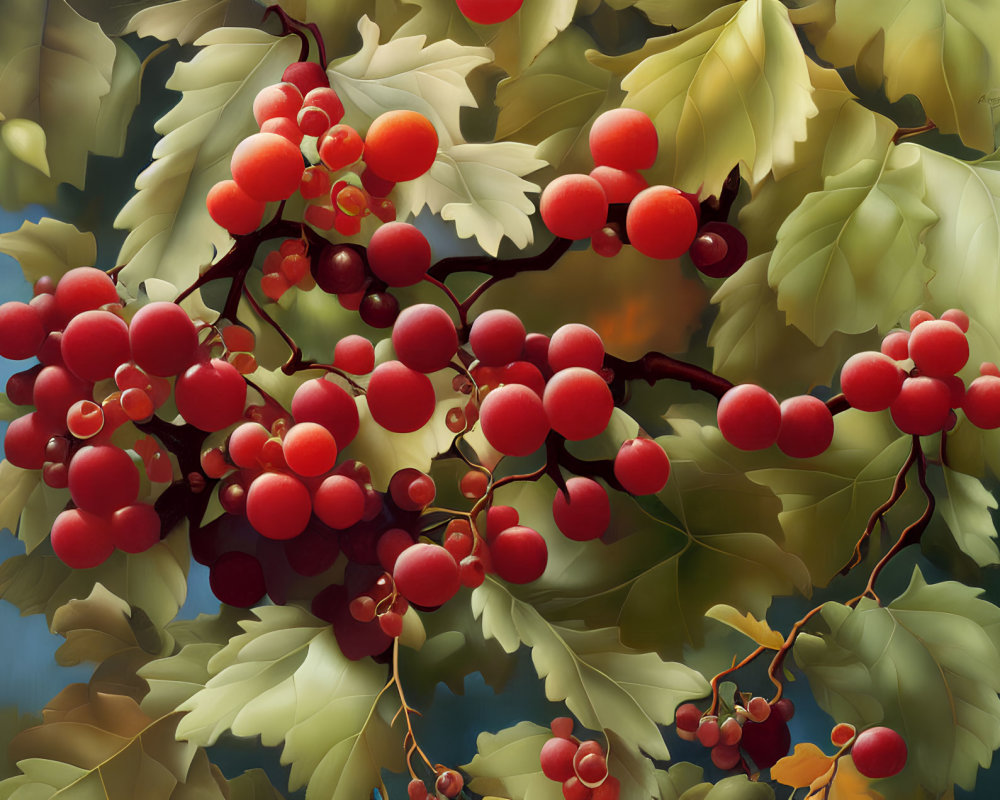 Clustered vivid red berries on lush green leaves with soft-focus background