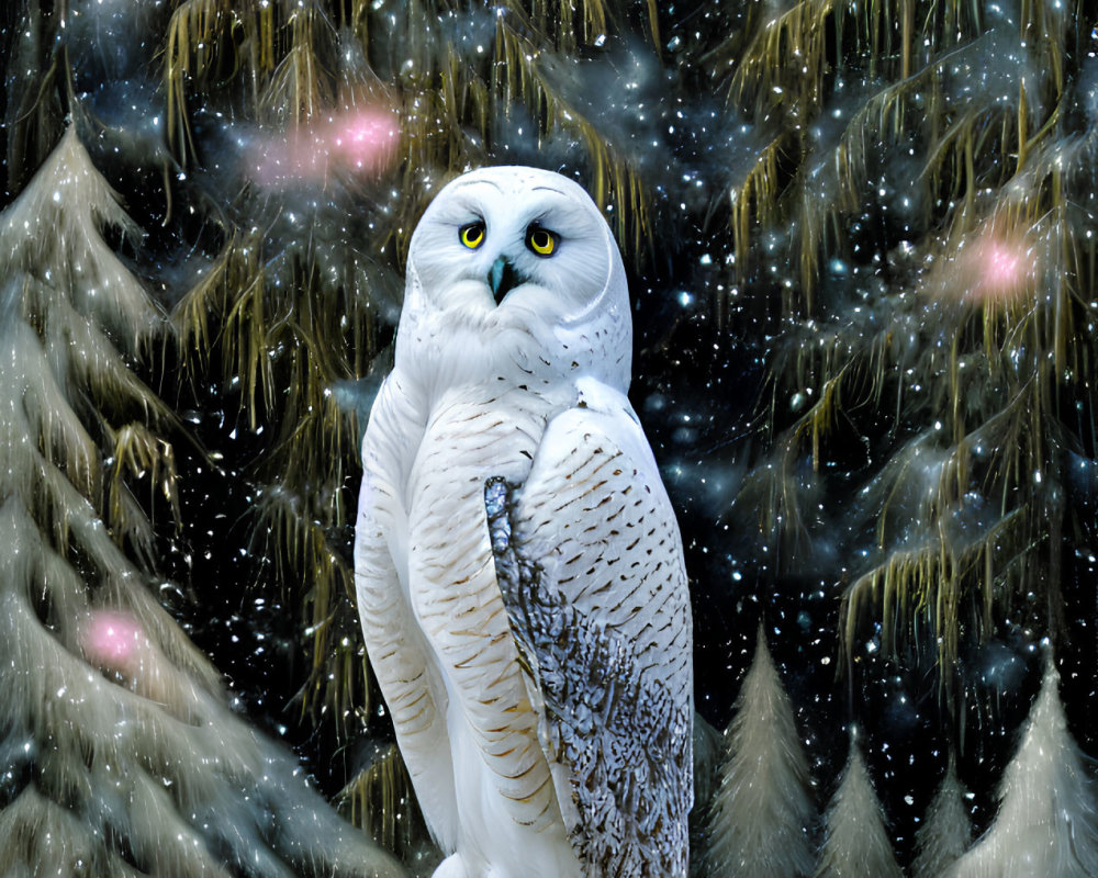 Snowy owl perched on branch in snowy night scene