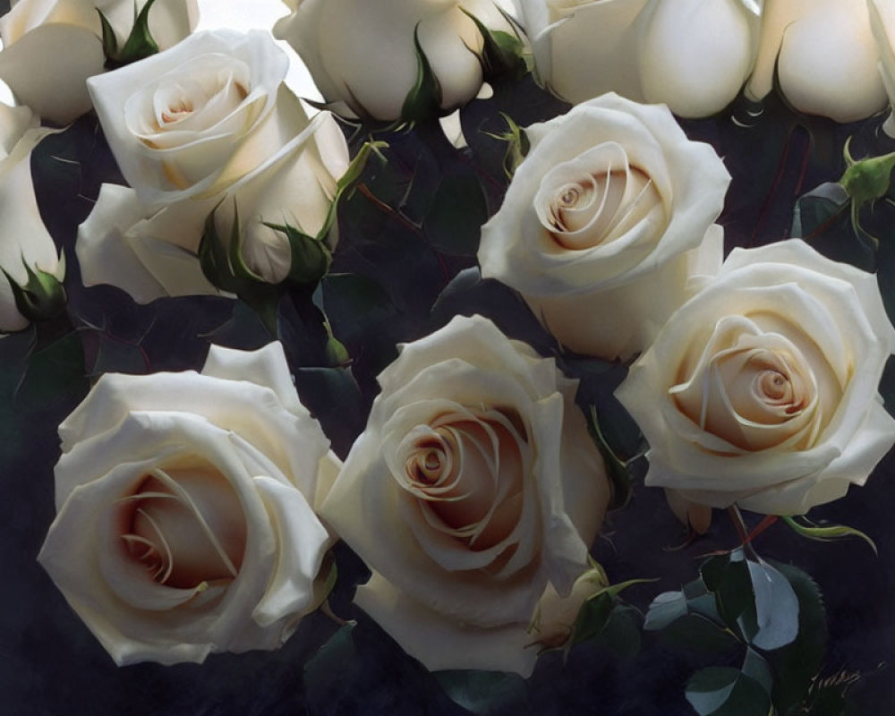 Detailed Painting of White Roses with Soft Shadows and Green Leaves