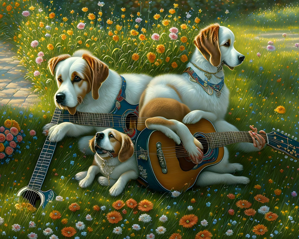 Cartoon dogs in meadow with guitar under sunlight