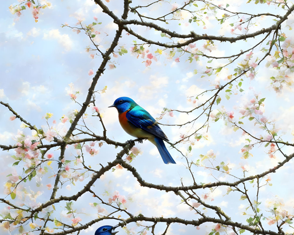 Vibrant bluebirds on blossoming tree branches under cloudy sky