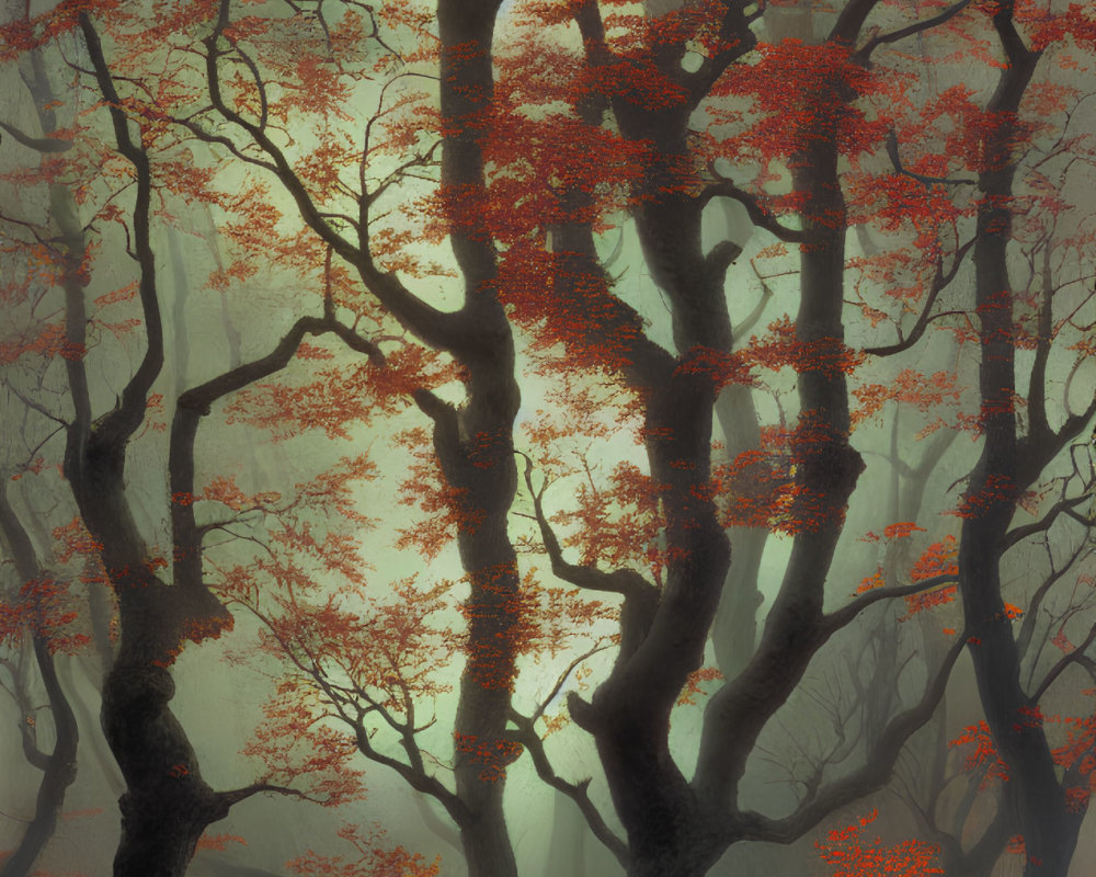 Ethereal forest scene with twisted tree trunks and red leaves