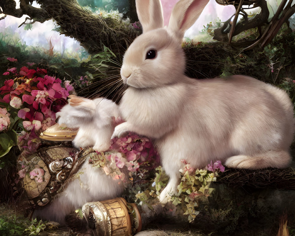 Detailed illustration of rabbits in vibrant flower garden