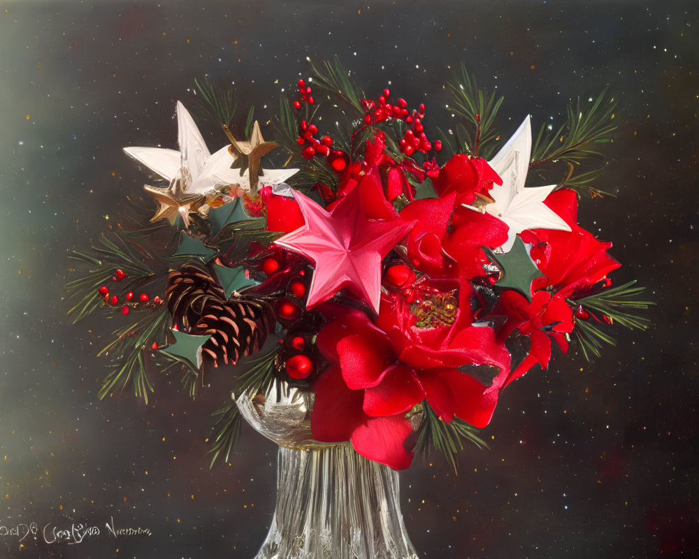 Red Poinsettias, Holly Berries, and Pine Cones in Glass Vase Bouquet