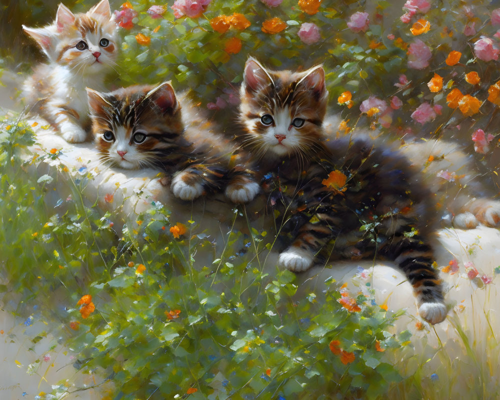 Three Kittens Relaxing in Blooming Garden