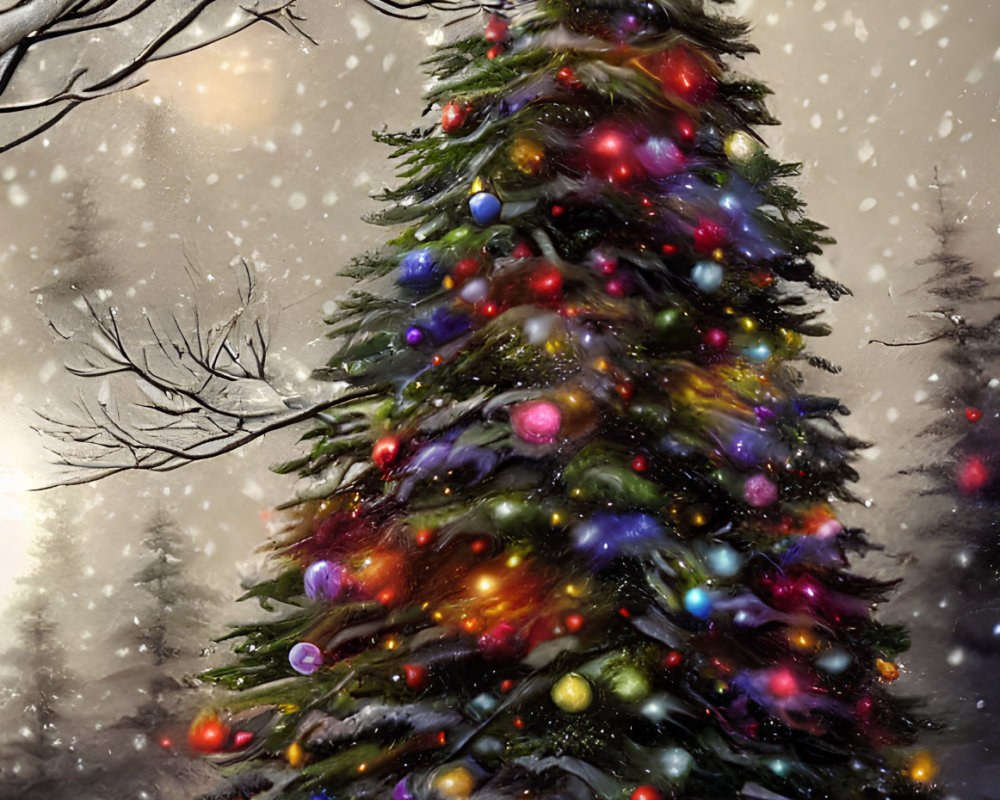 Snowy forest scene: Tall Christmas tree with colorful lights and ornaments under falling snowflakes