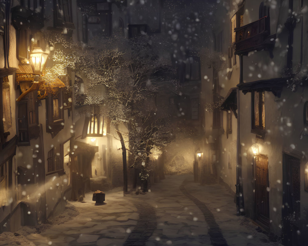 Snow-covered alley with warm street lamps on peaceful night