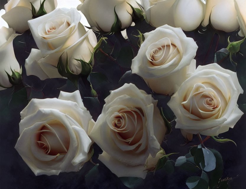 Detailed Painting of White Roses with Soft Shadows and Green Leaves