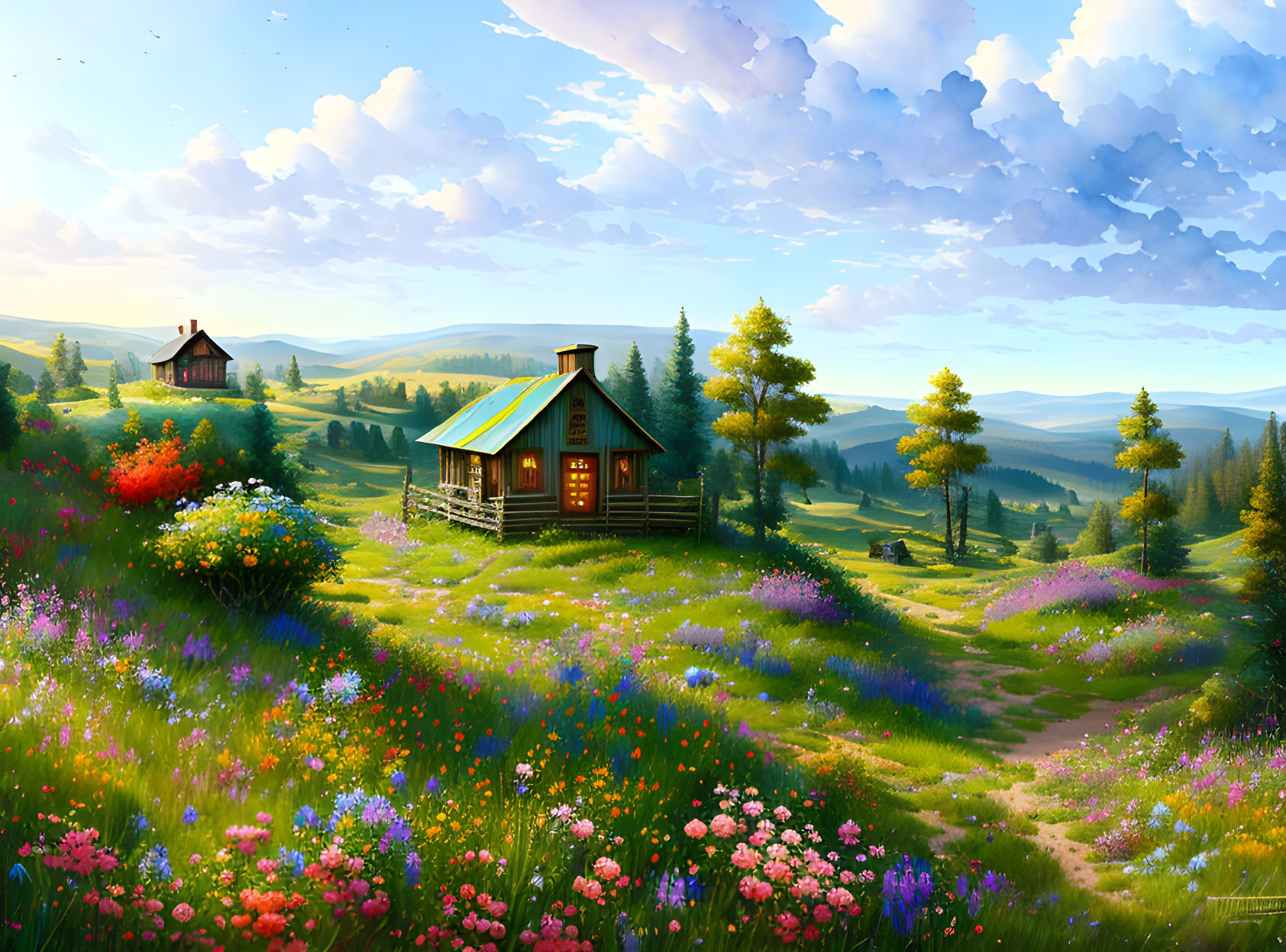 Vibrant wildflower meadows and rolling hills with a quaint cabin in a picturesque landscape