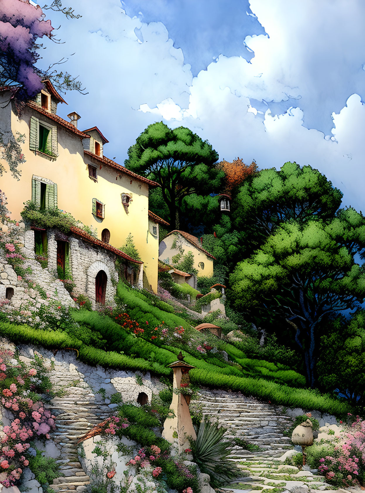 Scenic hillside village with stone steps and pink flowers