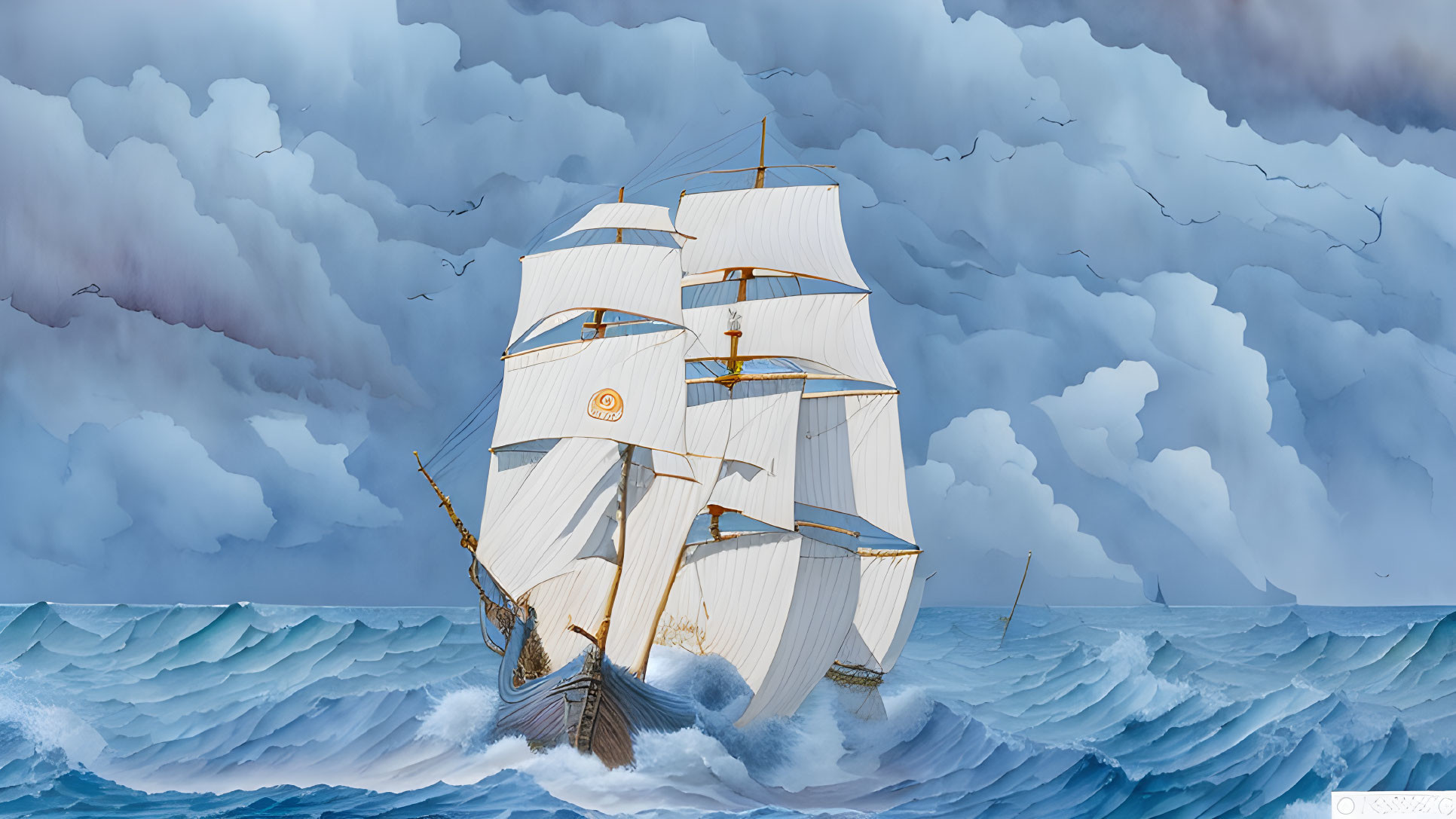 Majestic sailing ship on stormy seas with white sails and birds