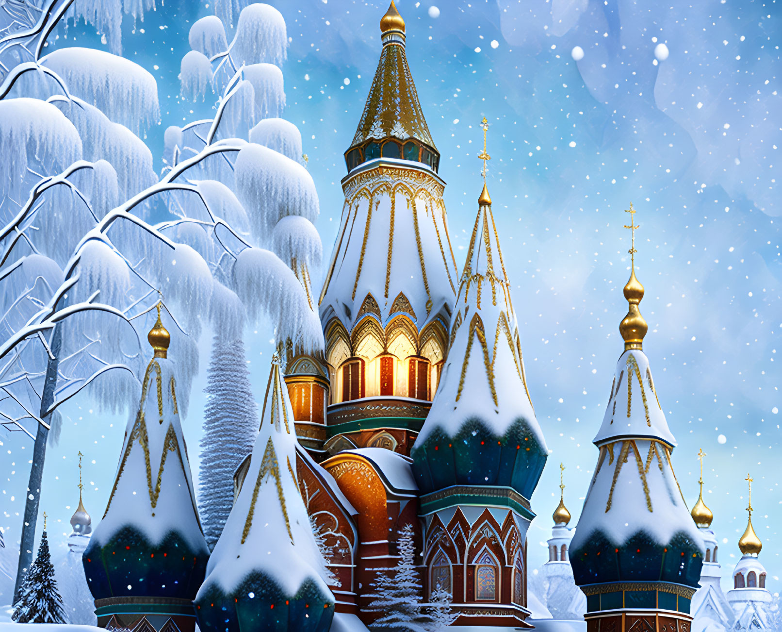 Detailed Snowy Scene: Colorful Russian Cathedral Onion Domes in Twilight Snowfall