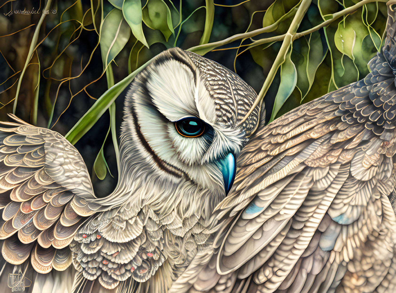 Detailed Owl Illustration with Intricate Feather Patterns and Green Eyes among Twisting Branches