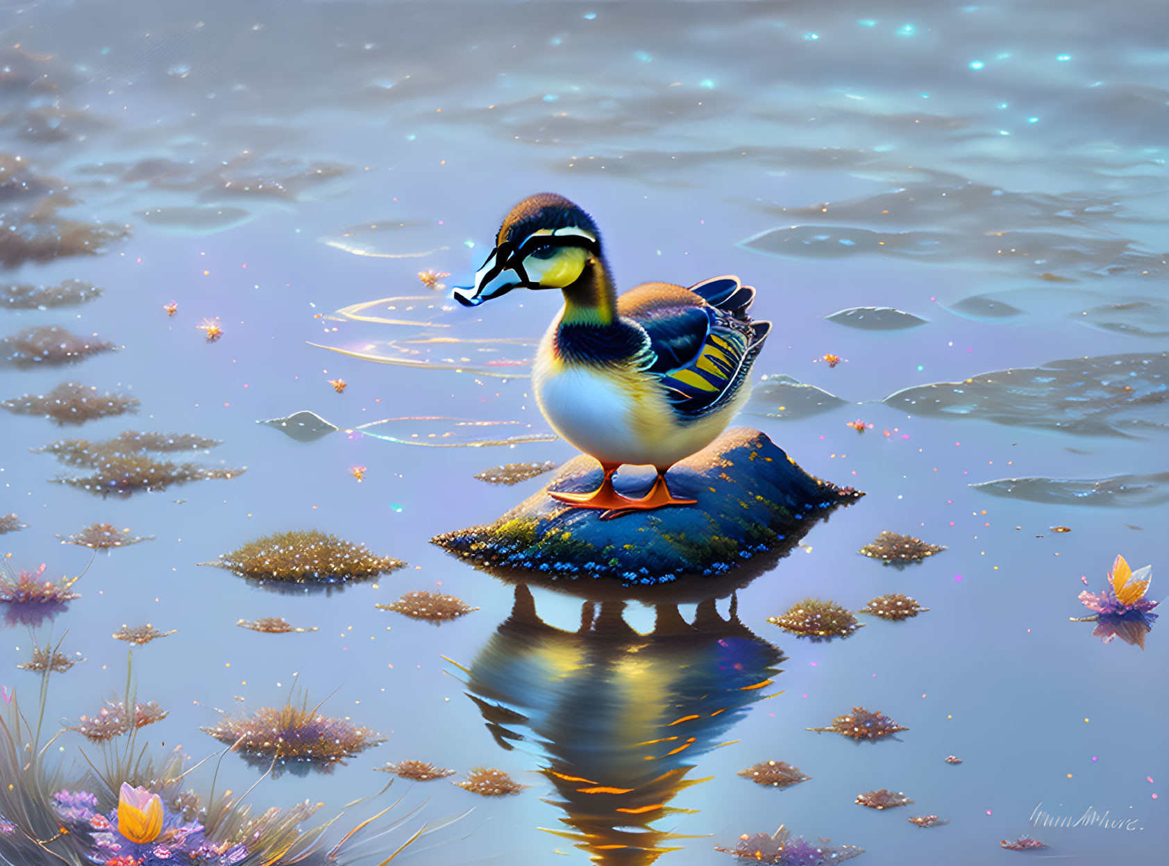 Vibrant Duckling Illustration on Rock with Floating Leaves