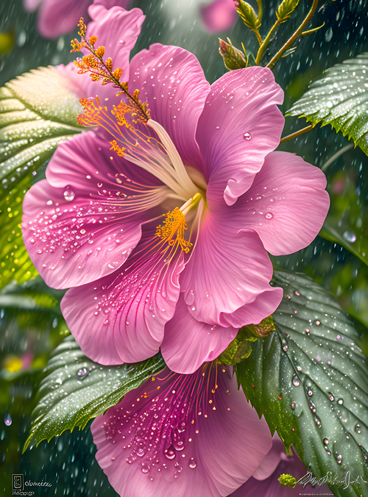 Detailed Pink Hibiscus with Yellow Stamen and Water Droplets