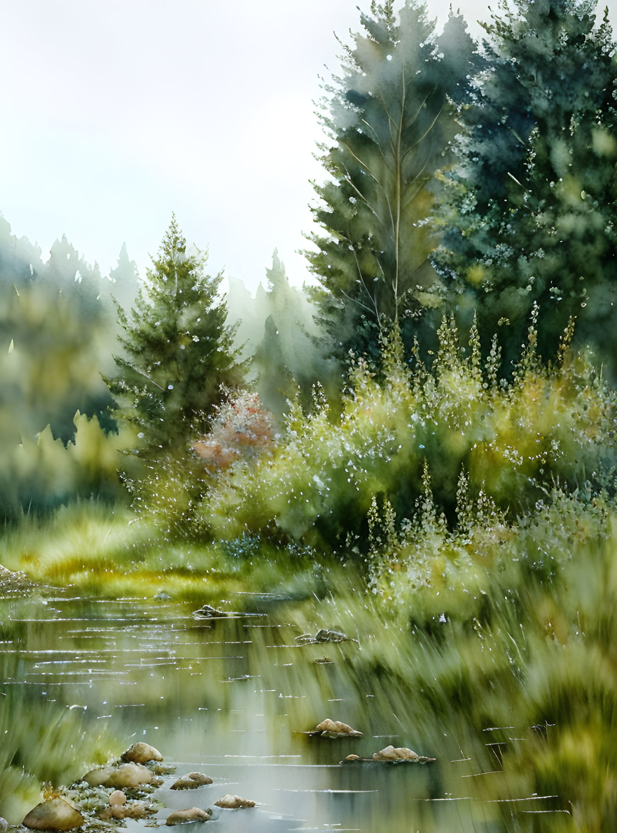 Tranquil forest landscape with river, rocks, and wildflowers