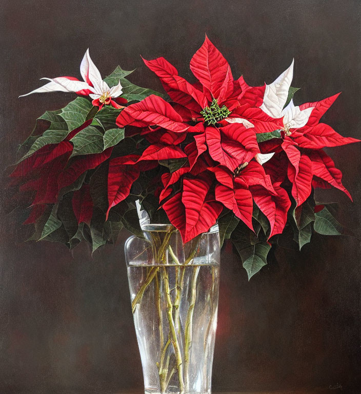 Realistic Painting of Vibrant Red Poinsettia Flowers in Glass Vase