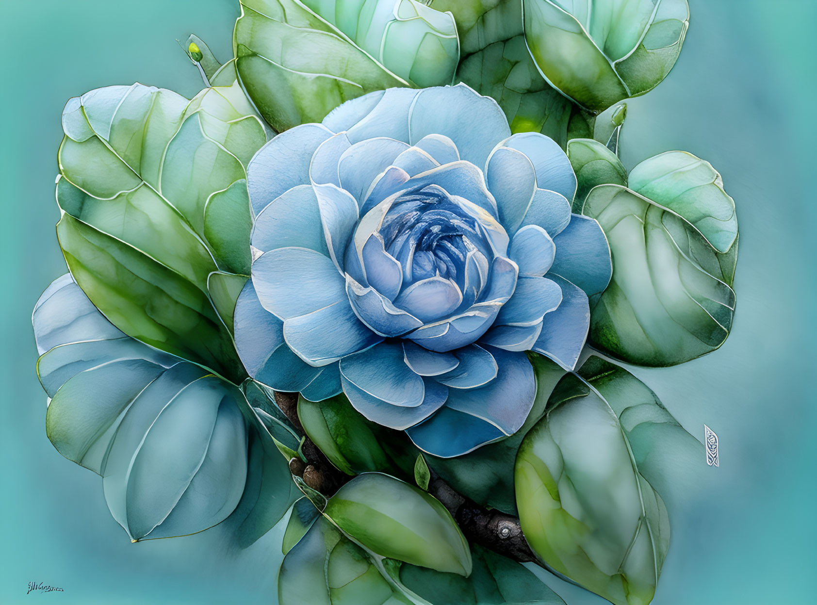 Detailed Blue Flower Illustration with Overlapping Petals on Teal Background