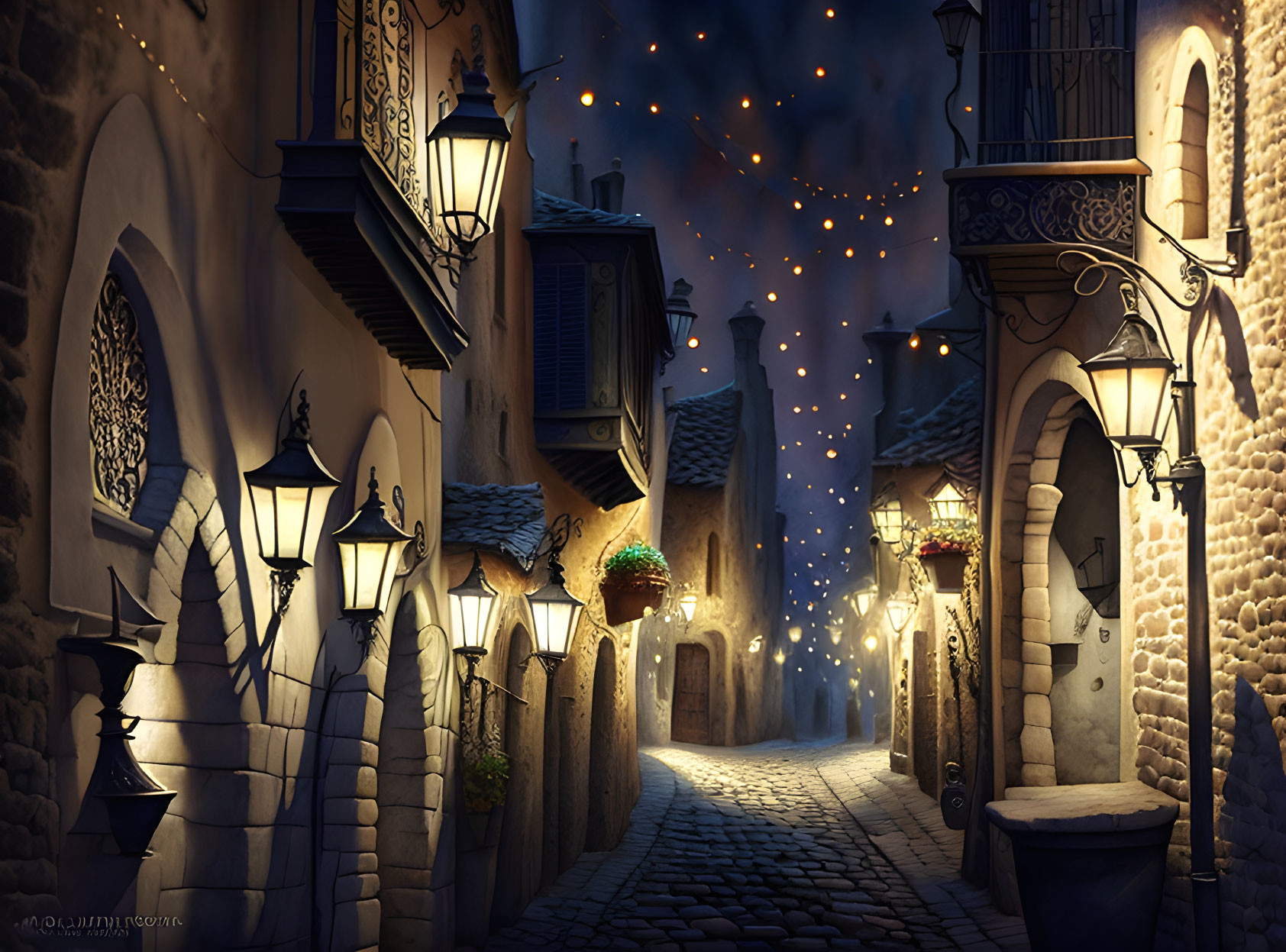 Old buildings and street lamps illuminate cobblestone alley at night