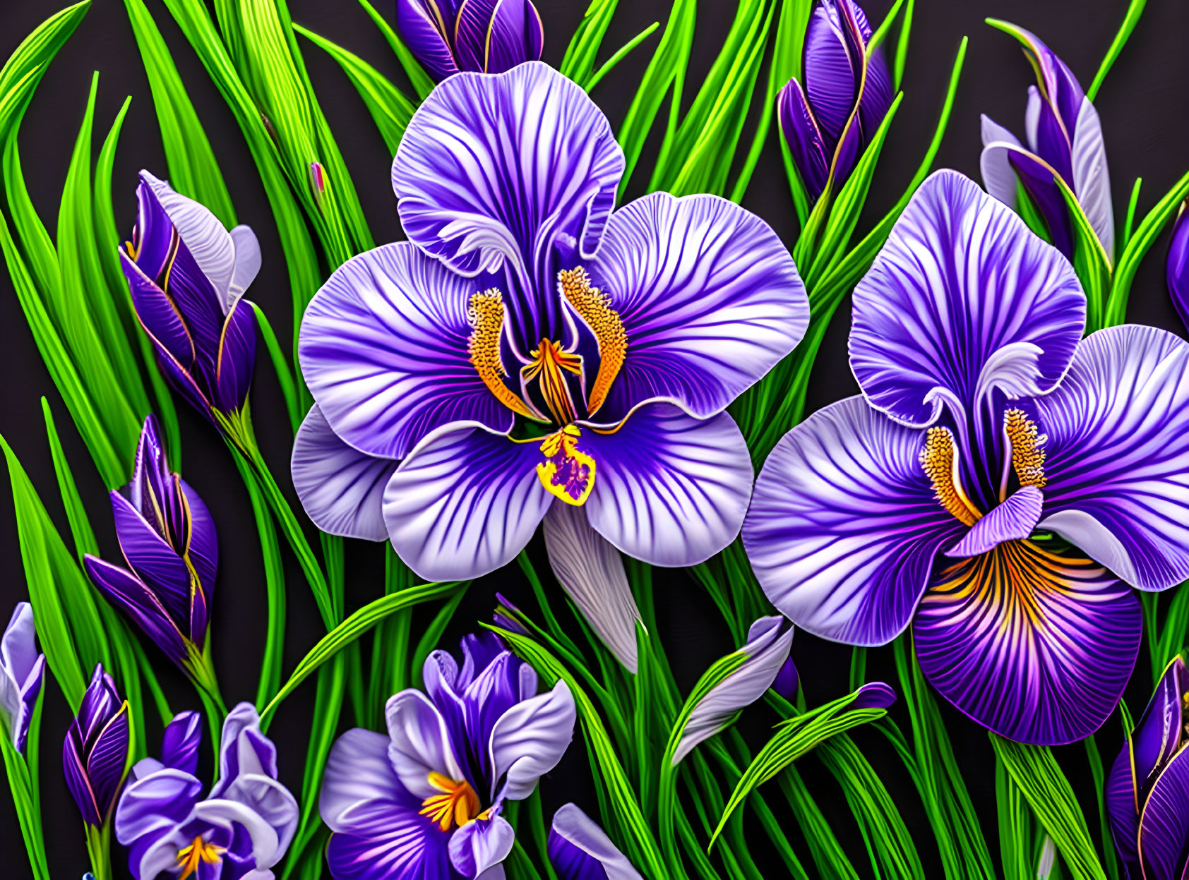 Purple Iris Flowers with Striking Patterns on Dark Background