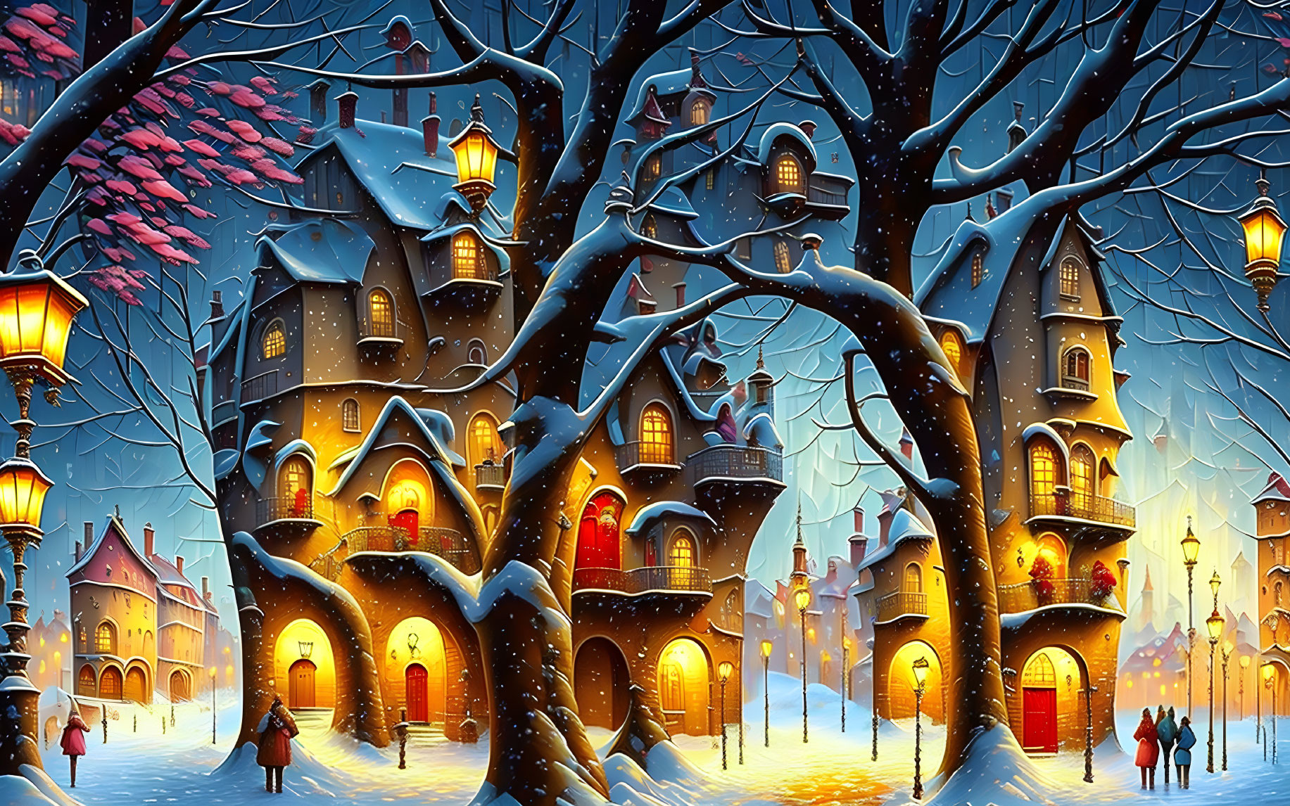 Snowy Evening Scene: Warmly-Lit Houses, People Walking Amongst Snow-Covered Trees