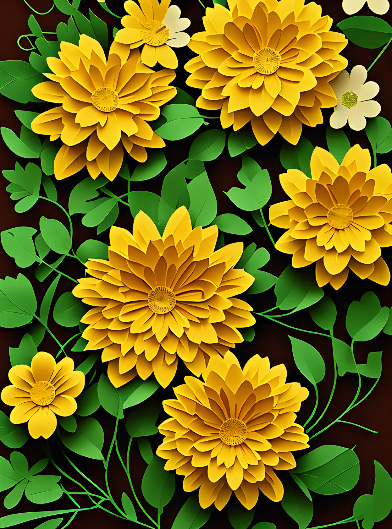 Layered Paper-Cut Style Yellow Flowers and Green Leaves on Dark Background