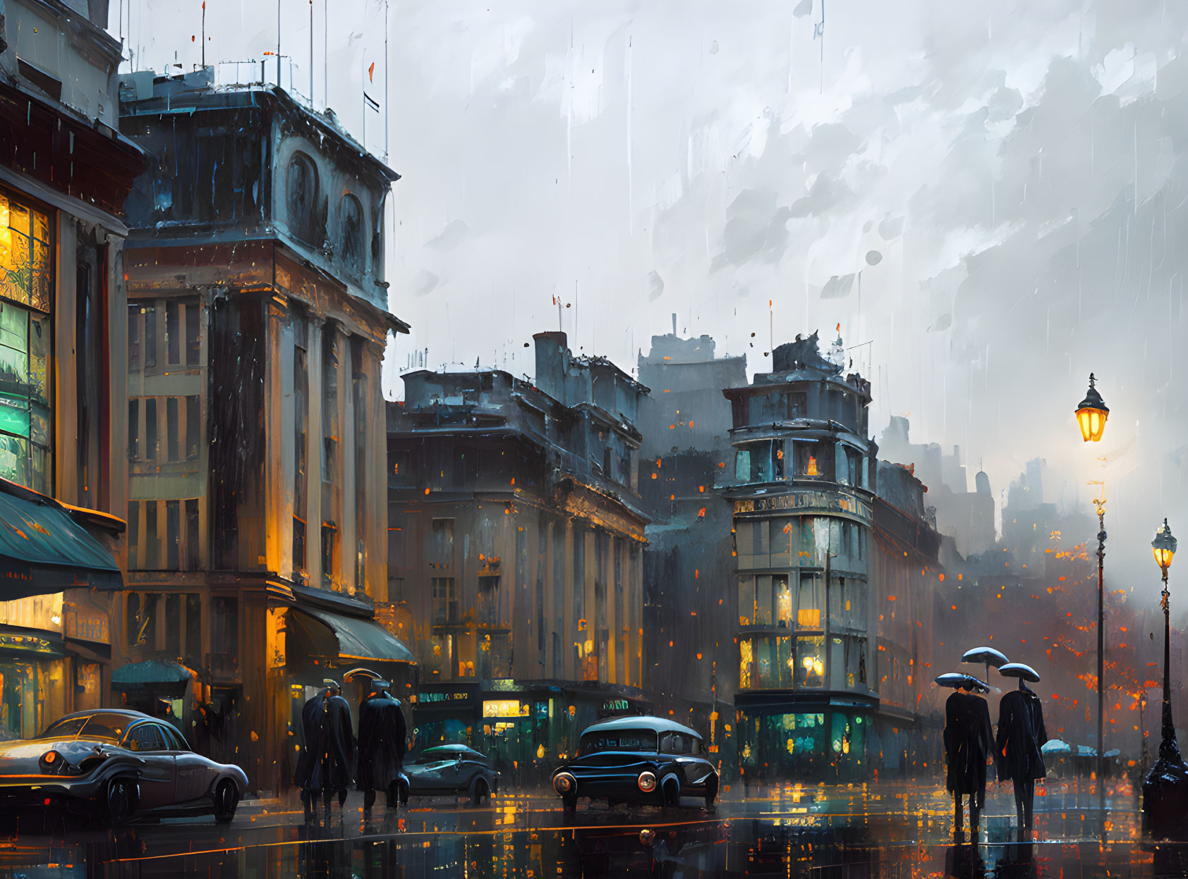 Vintage cars, pedestrians with umbrellas, classic architecture in rainy cityscape.