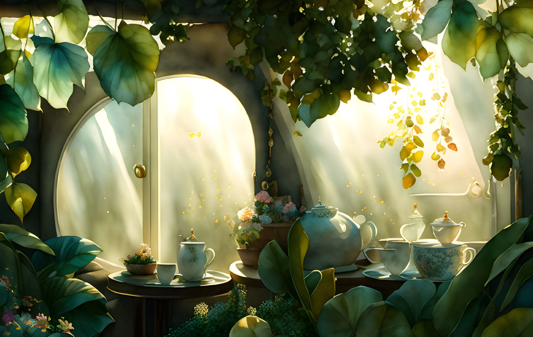 Sunlit corner with lush greenery, elegant teapots, cups, and circular window glow