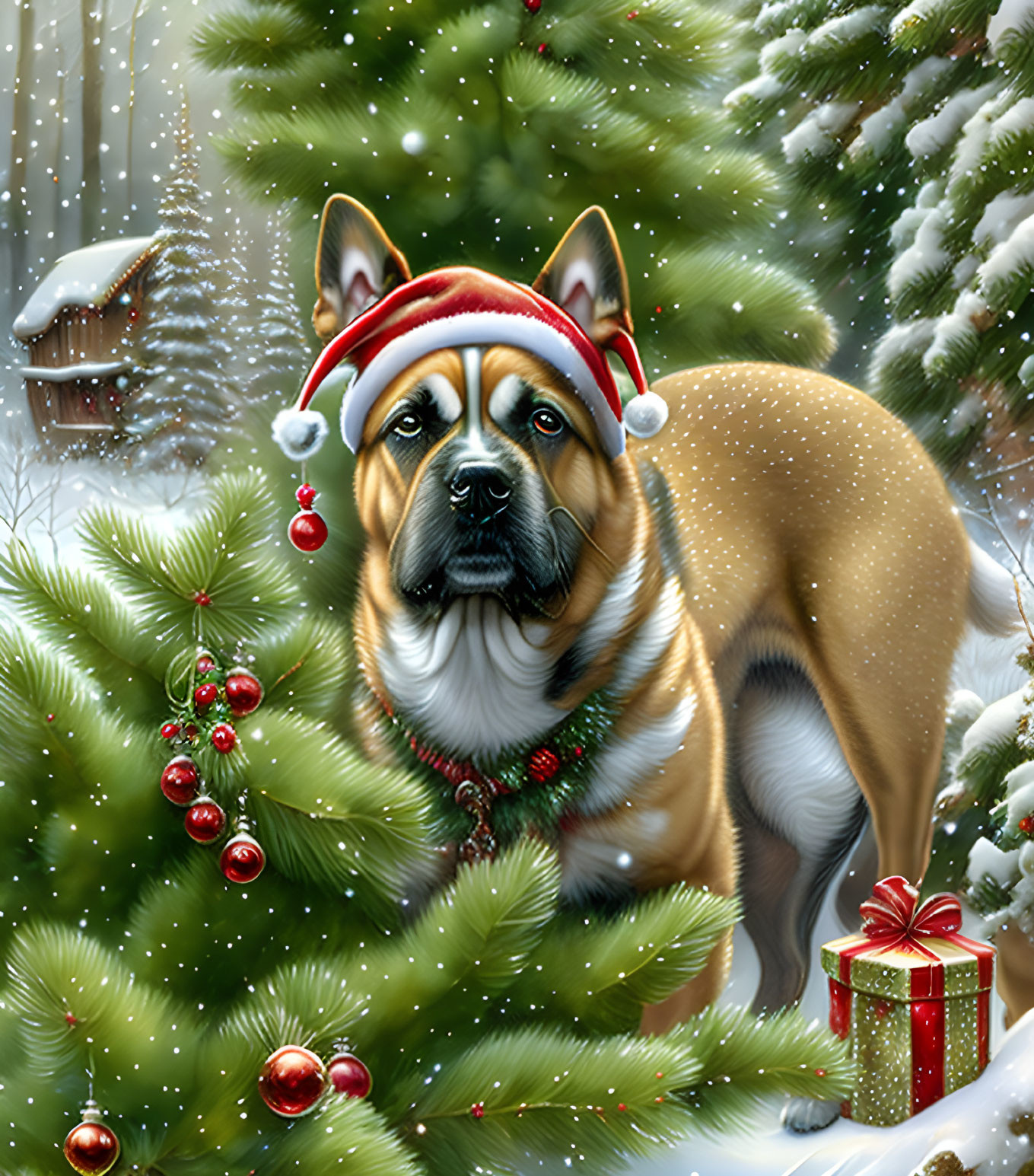 Festive Dog with Santa Hat and Christmas Decorations in Snowscape