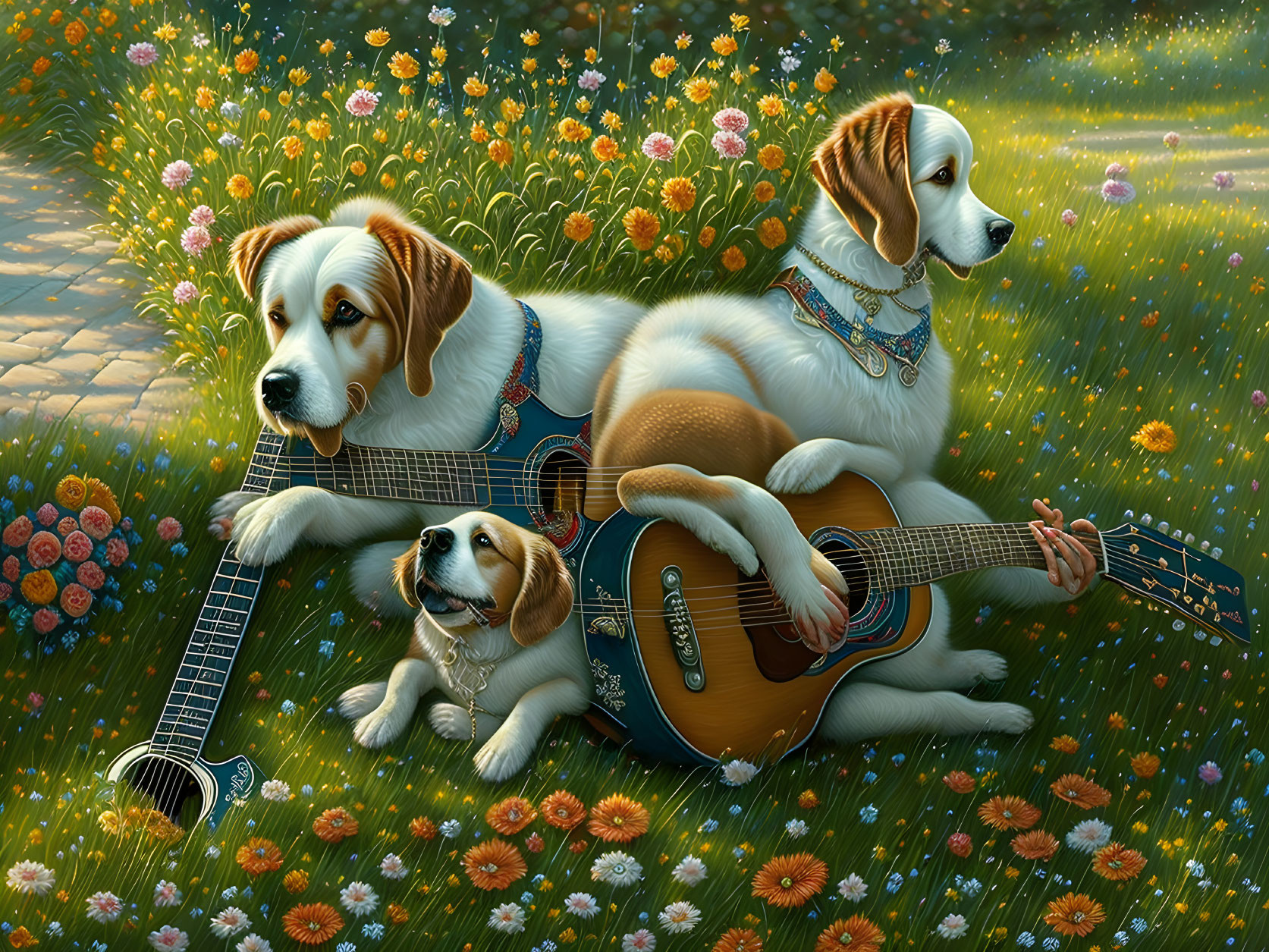 Cartoon dogs in meadow with guitar under sunlight