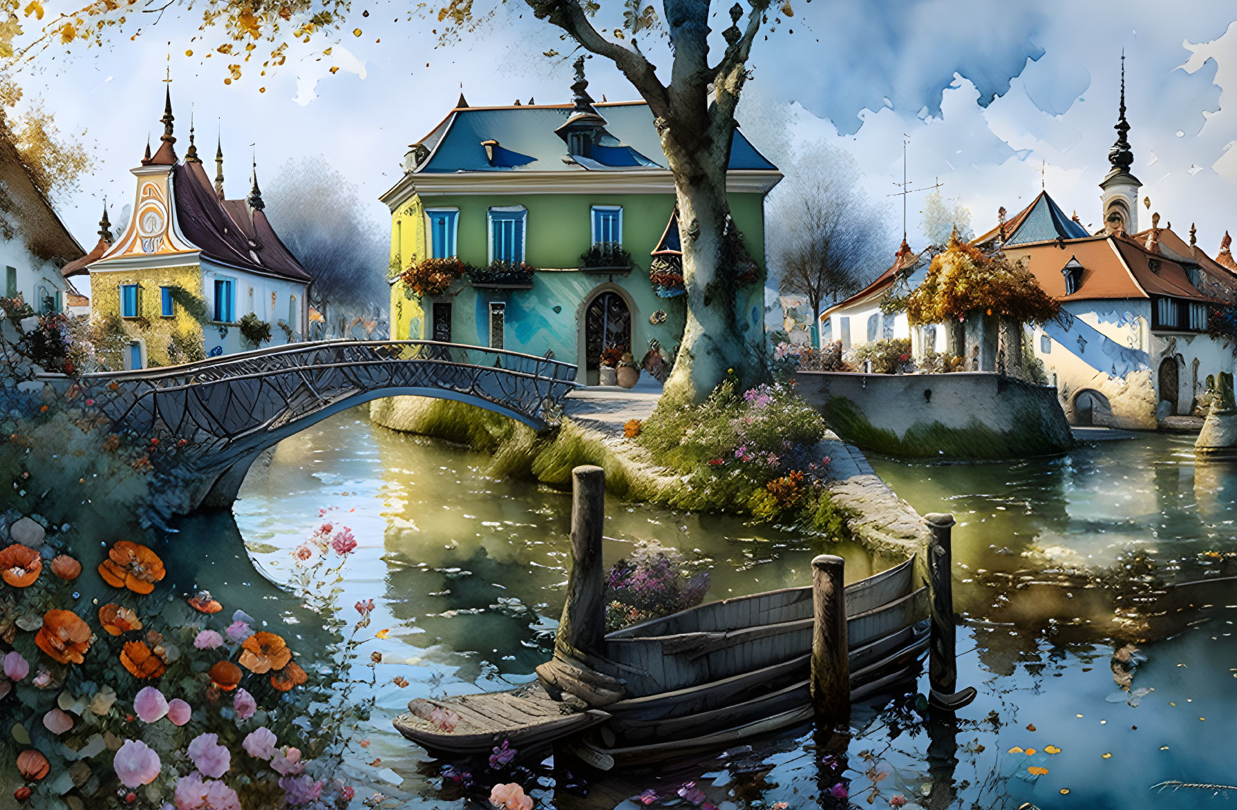 Serene river scene with boat, bridge, traditional buildings, and blooming flowers