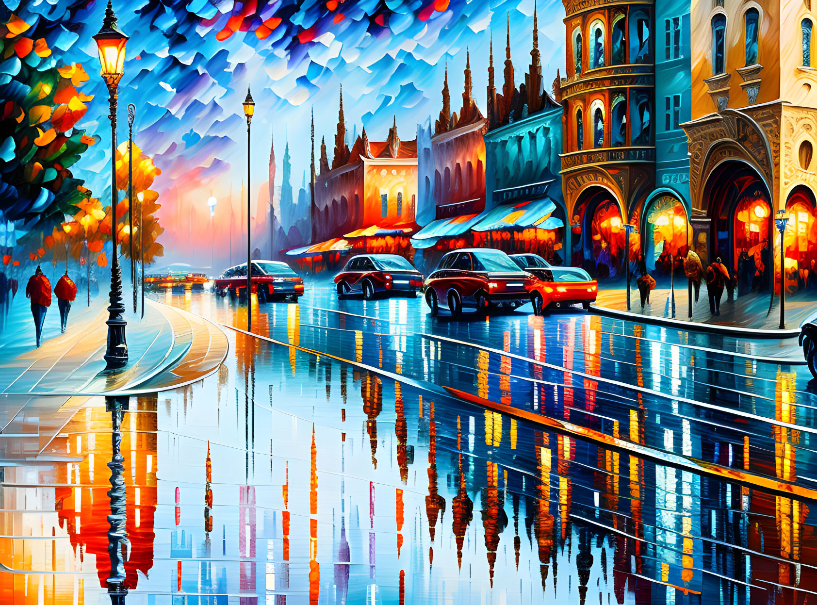 Colorful painting of bustling street scene at dusk with reflections, pedestrians, vintage lampposts,