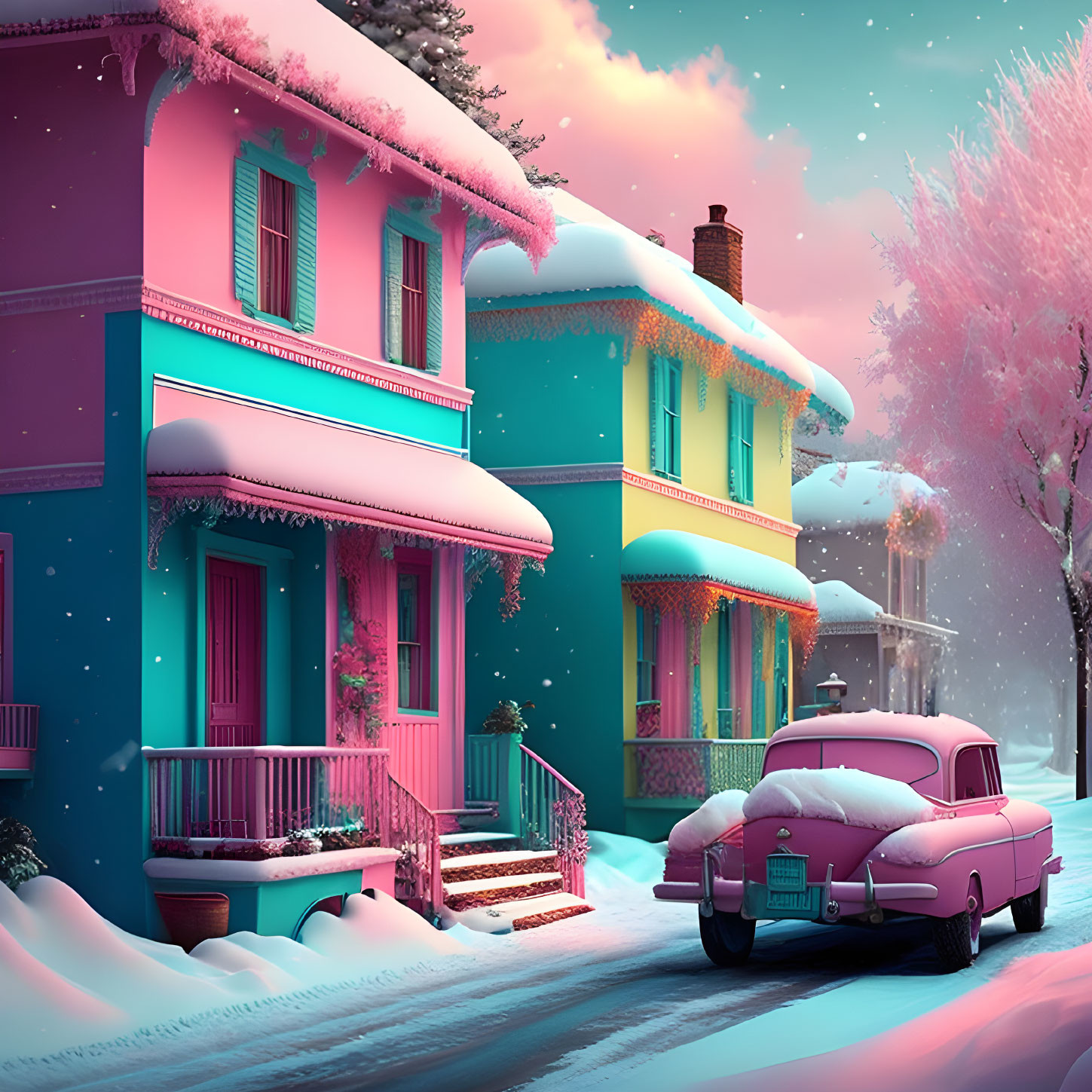 Snow-covered roofs and colorful houses at twilight with pink car and snowy street.