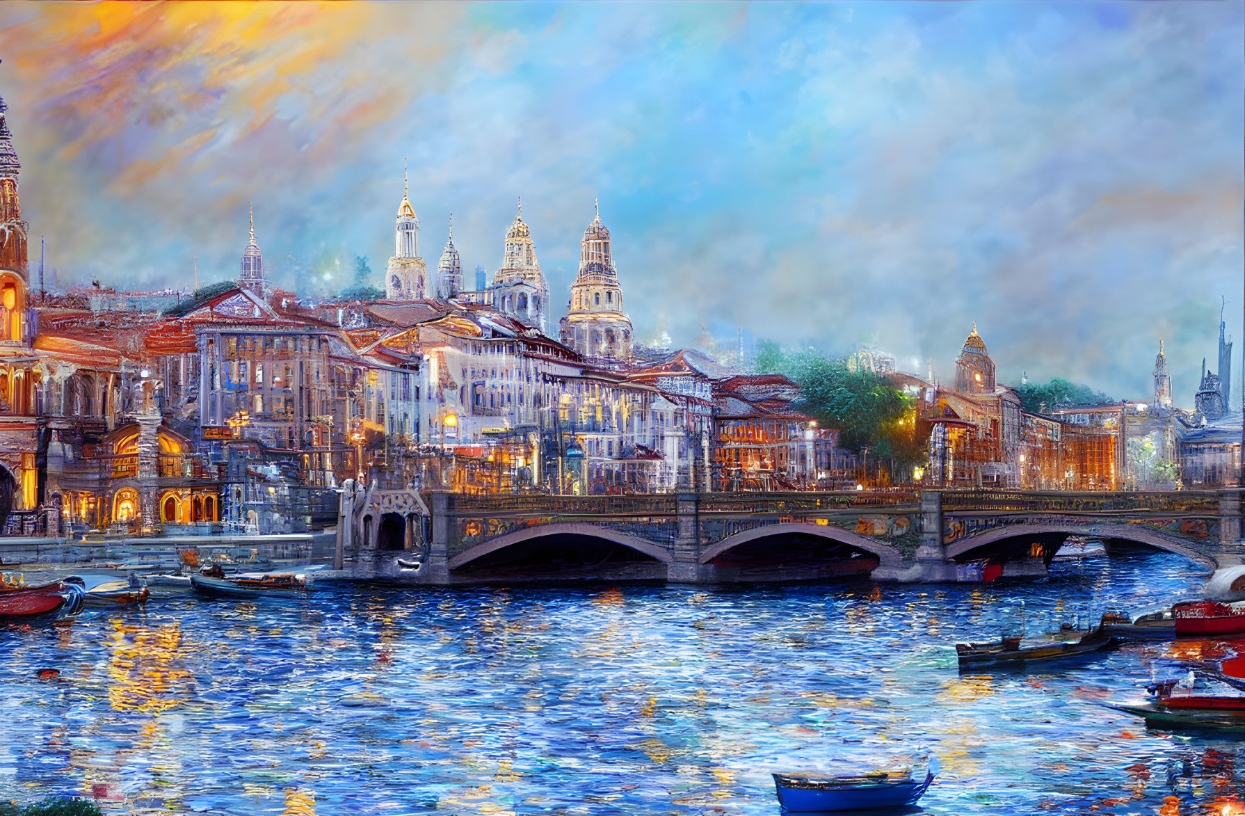 Cityscape painting at dusk with bridge, boats, historic buildings, and colorful sky.